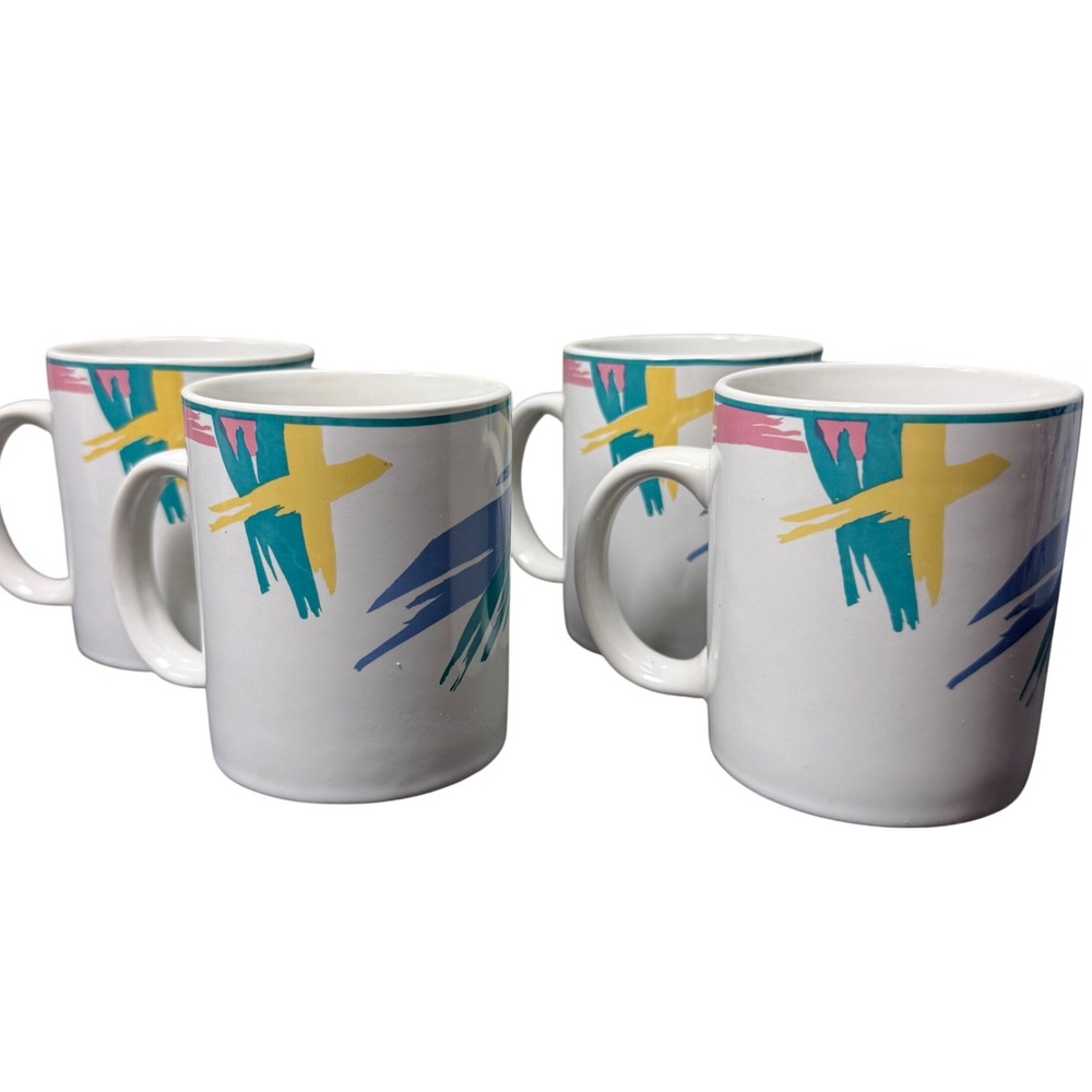 Set of 4 Tienshan Stoneware coffee Mugs White 80s 90's Abstract Brushstroke pink